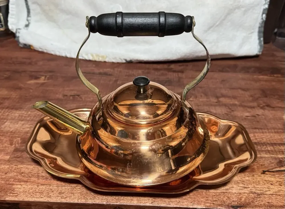 Vintage Copper Tea Pot/Kettle Coppercraft Guild + Scalloped Copper Tray